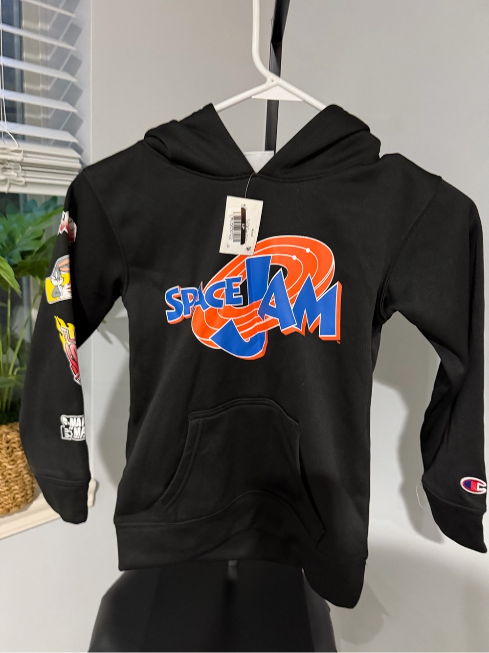 Champion Black Hoodie with Space Jam Logo and Colorful Sleeve Patches